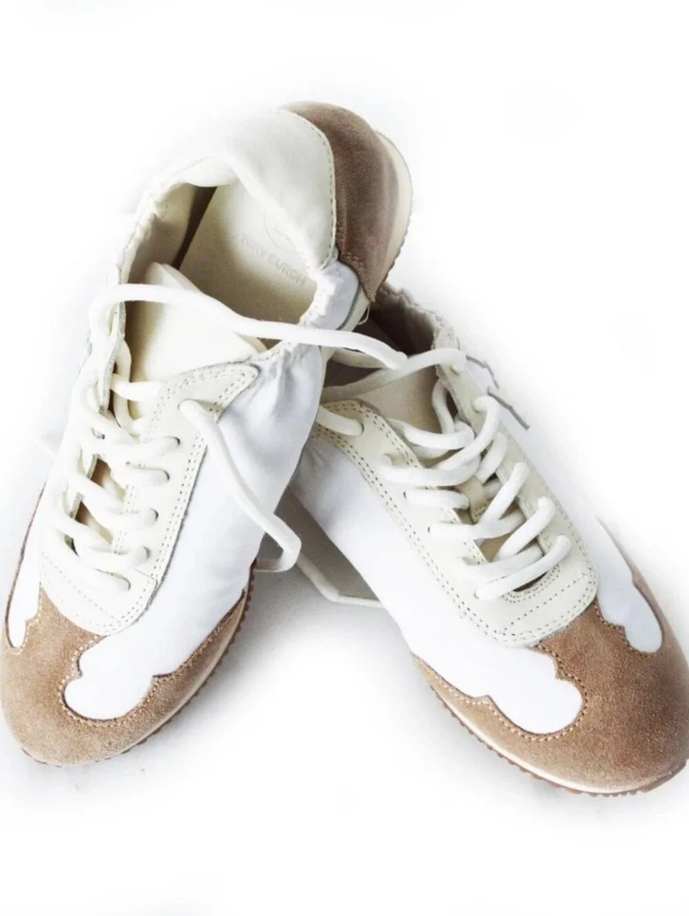 BURCH TORY SNEAKER NYLON/LEATHER/SUEDE T LOGO IVORY/TAN/SZ US 8.5